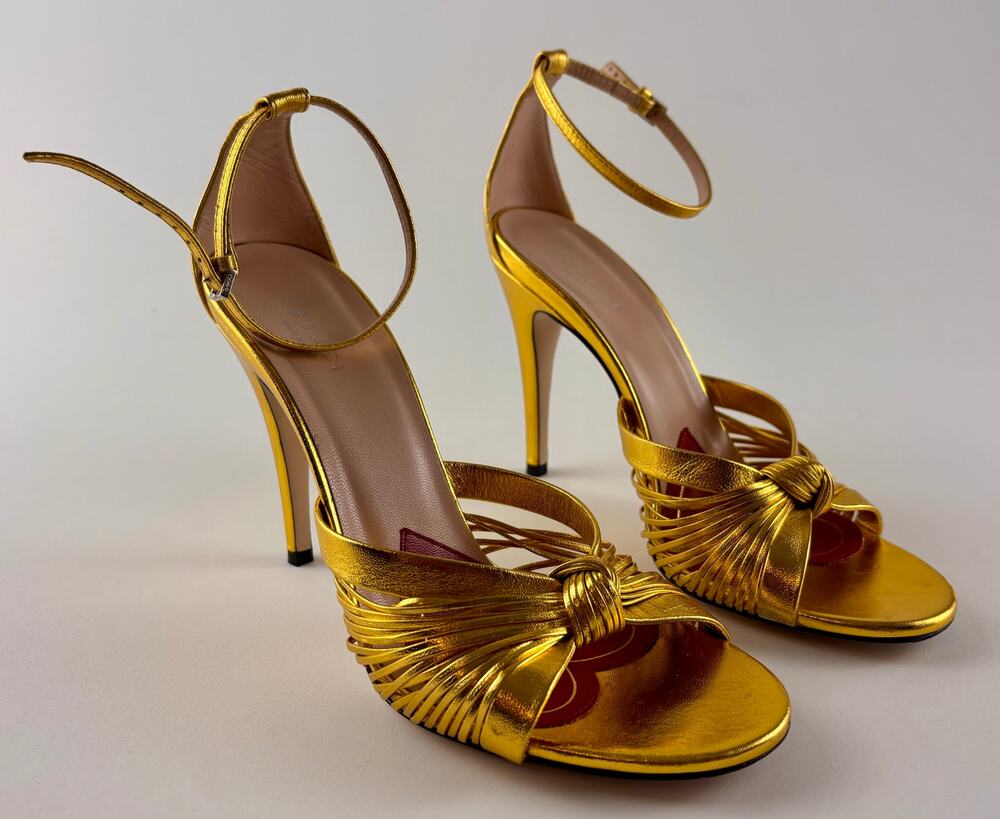 Gucci Crawford Gold Metallic Leather Knotted Heels Sandals EU 39 Italy